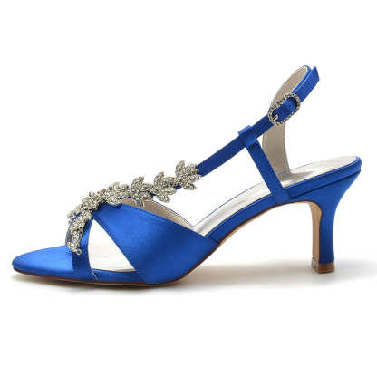 Bridal Shoes for Women with Peep Toe Mid Heel and Rhinestone Leaf Straps