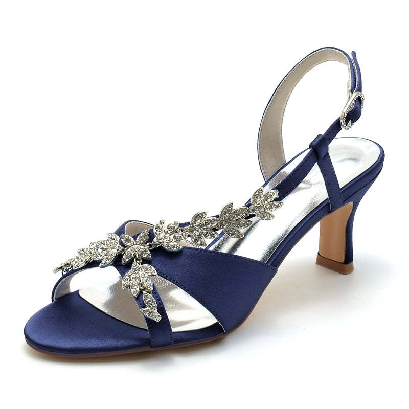Bridal Shoes for Women with Peep Toe Mid Heel and Rhinestone Leaf Straps