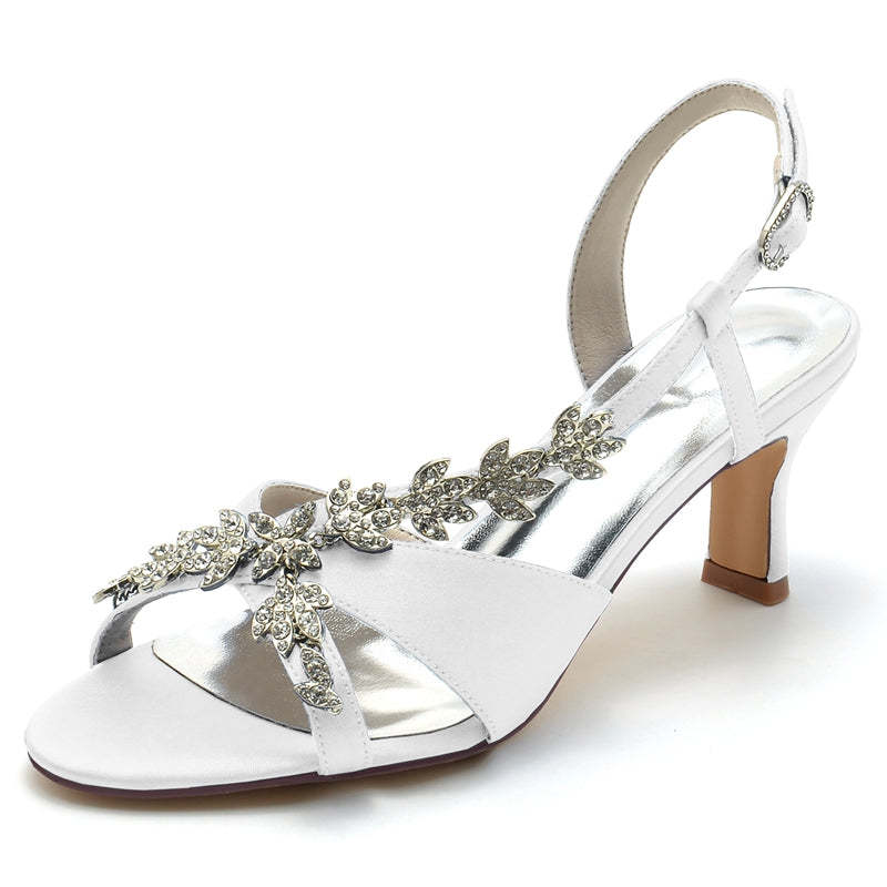 Bridal Shoes for Women with Peep Toe Mid Heel and Rhinestone Leaf Straps