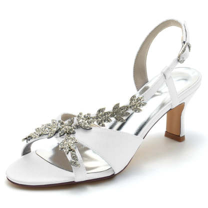 Bridal Shoes for Women with Peep Toe Mid Heel and Rhinestone Leaf Straps