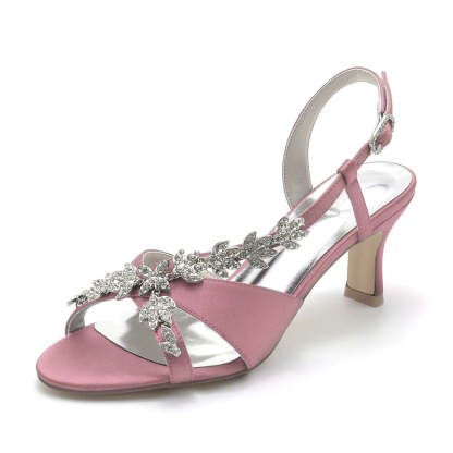 Bridal Shoes for Women with Peep Toe Mid Heel and Rhinestone Leaf Straps