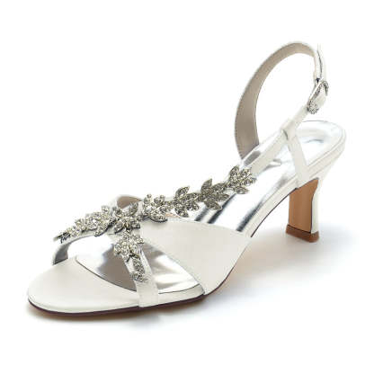 Bridal Shoes for Women with Peep Toe Mid Heel and Rhinestone Leaf Straps