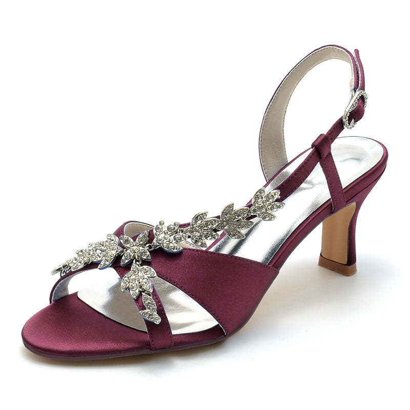 Bridal Shoes for Women with Peep Toe Mid Heel and Rhinestone Leaf Straps
