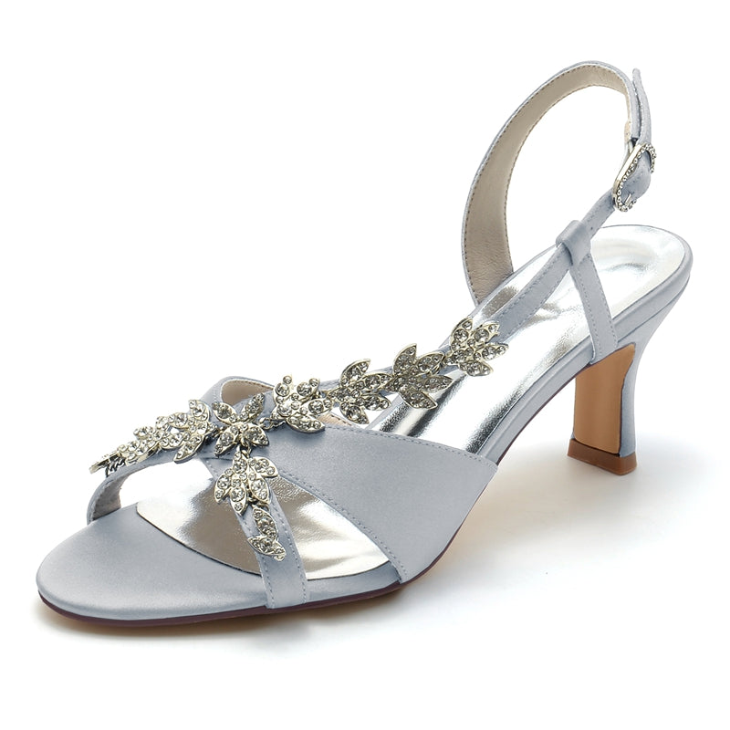 Bridal Shoes for Women with Peep Toe Mid Heel and Rhinestone Leaf Straps