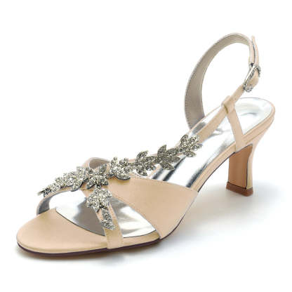 Bridal Shoes for Women with Peep Toe Mid Heel and Rhinestone Leaf Straps