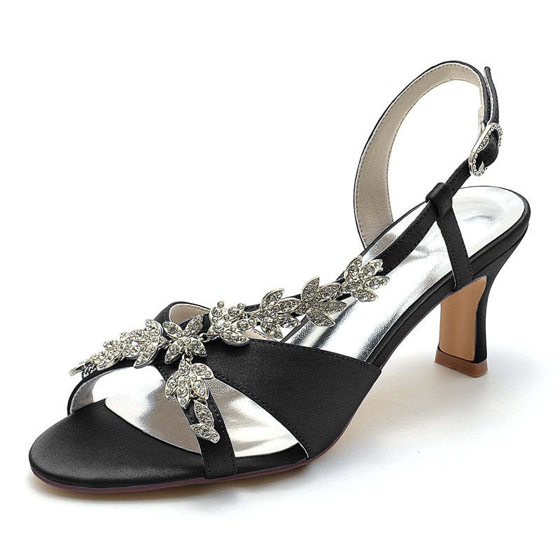 Bridal Shoes for Women with Peep Toe Mid Heel and Rhinestone Leaf Straps