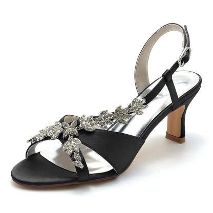Bridal Shoes for Women with Peep Toe Mid Heel and Rhinestone Leaf Straps
