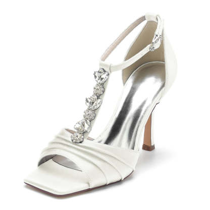Bridal Shoes for Women with Peep Toe Rhinestone Straps Buckle and Ruffles