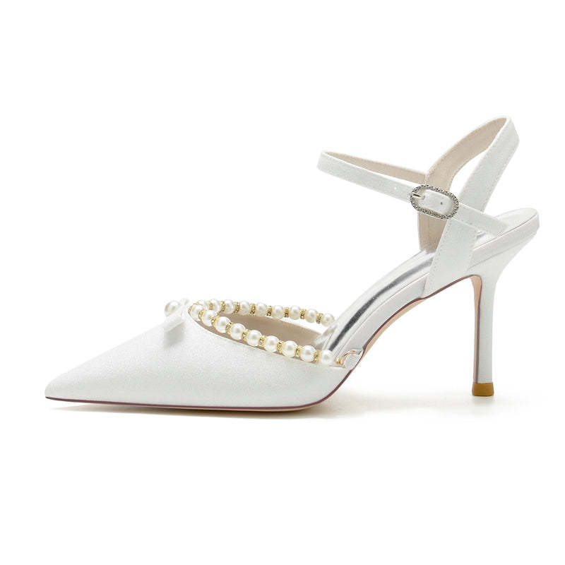 Bridal High Heel Shoes for Women with Pointed Toe Buckle and Delicate Pearl & Bowknot