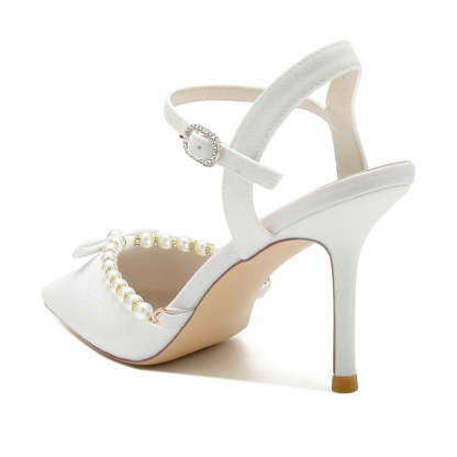 Bridal High Heel Shoes for Women with Pointed Toe Buckle and Delicate Pearl & Bowknot