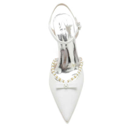 Bridal High Heel Shoes for Women with Pointed Toe Buckle and Delicate Pearl & Bowknot