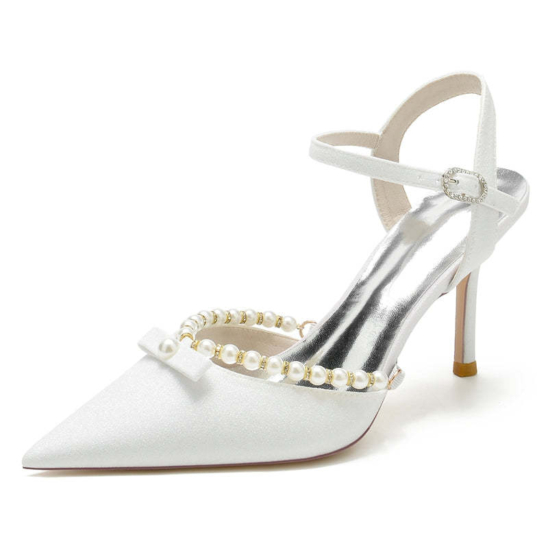 Bridal High Heel Shoes for Women with Pointed Toe Buckle and Delicate Pearl & Bowknot