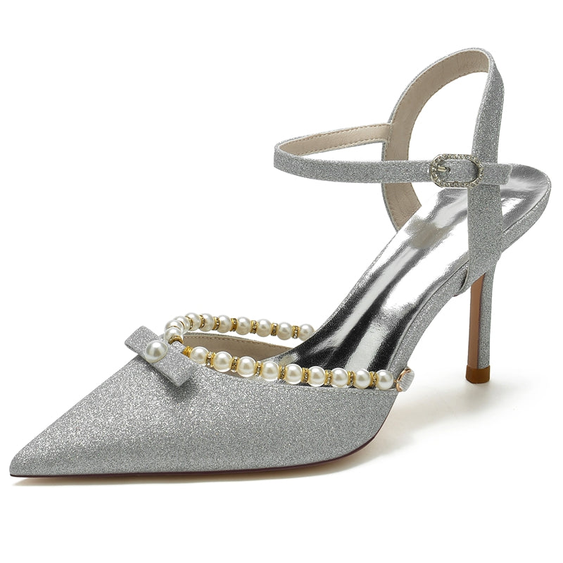 Bridal High Heel Shoes for Women with Pointed Toe Buckle and Delicate Pearl & Bowknot
