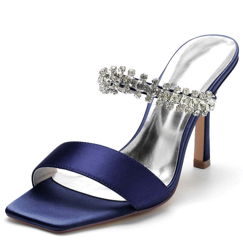 Bridal Slip-On Stiletto Heels with Rhinestone for Women Open-Toe Wedding Shoes