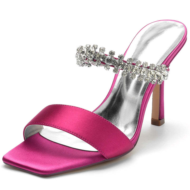 Bridal Slip-On Stiletto Heels with Rhinestone for Women Open-Toe Wedding Shoes