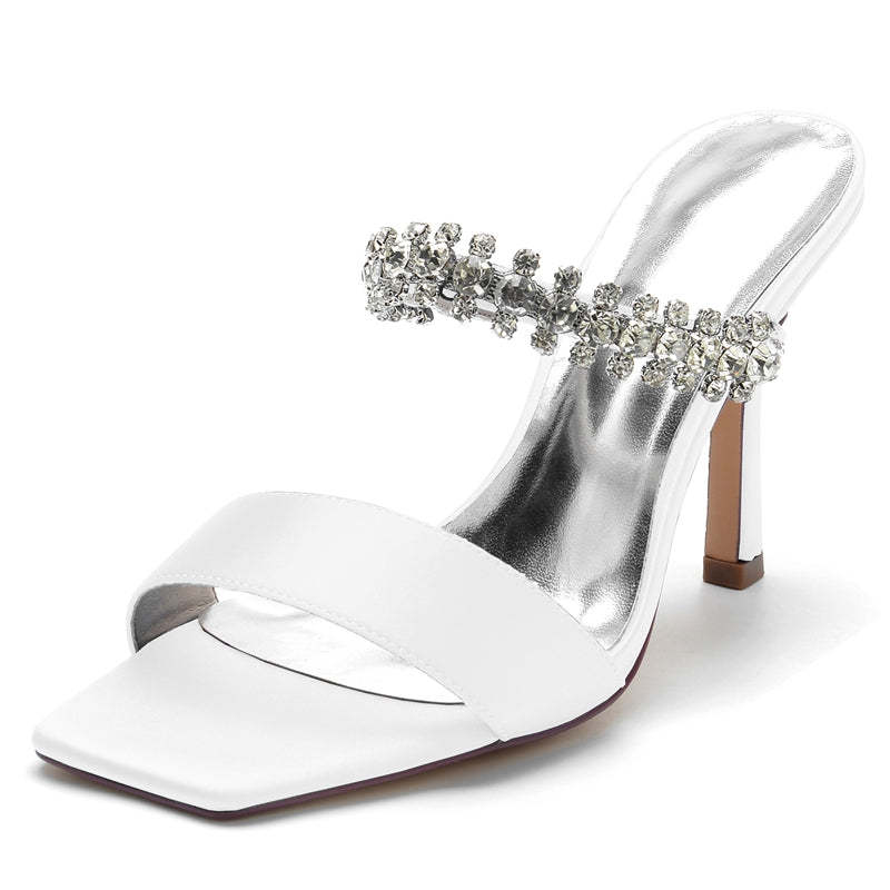 Bridal Slip-On Stiletto Heels with Rhinestone for Women Open-Toe Wedding Shoes