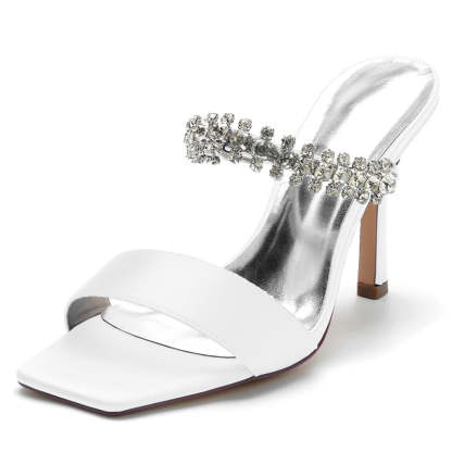 Bridal Slip-On Stiletto Heels with Rhinestone for Women Open-Toe Wedding Shoes