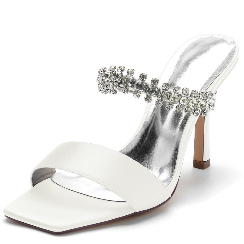 Bridal Slip-On Stiletto Heels with Rhinestone for Women Open-Toe Wedding Shoes