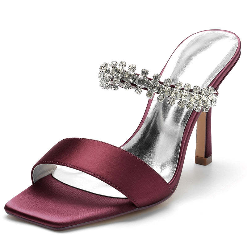 Bridal Slip-On Stiletto Heels with Rhinestone for Women Open-Toe Wedding Shoes