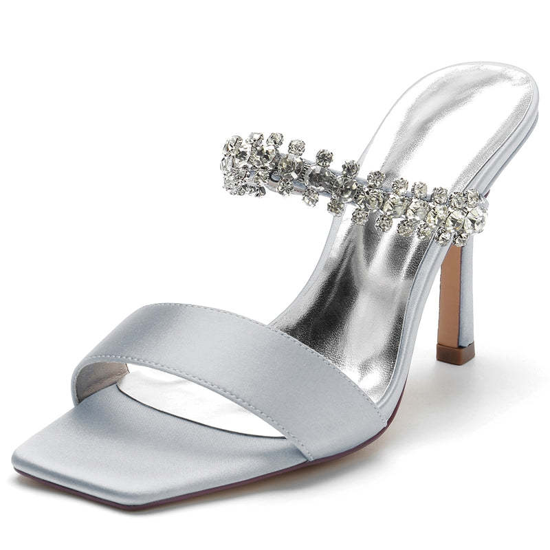 Bridal Slip-On Stiletto Heels with Rhinestone for Women Open-Toe Wedding Shoes