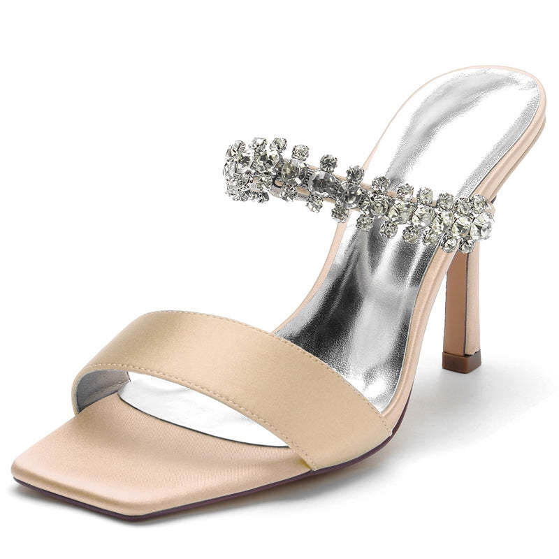 Bridal Slip-On Stiletto Heels with Rhinestone for Women Open-Toe Wedding Shoes