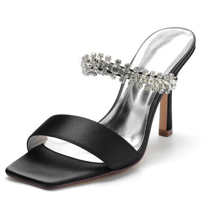 Bridal Slip-On Stiletto Heels with Rhinestone for Women Open-Toe Wedding Shoes