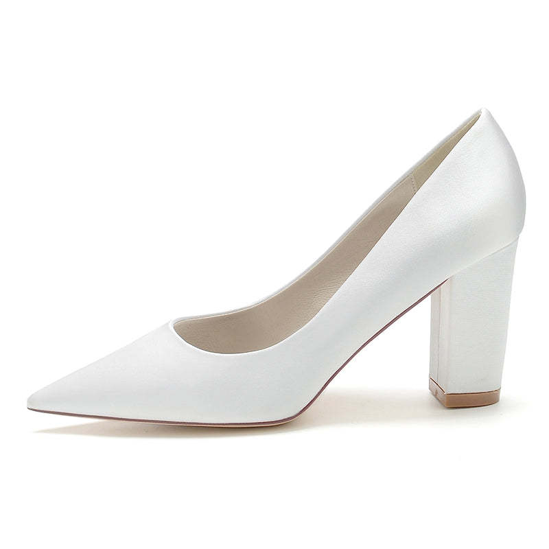 Elegant White Bridal Shoes for Women with Pointed Toe and Block Heel