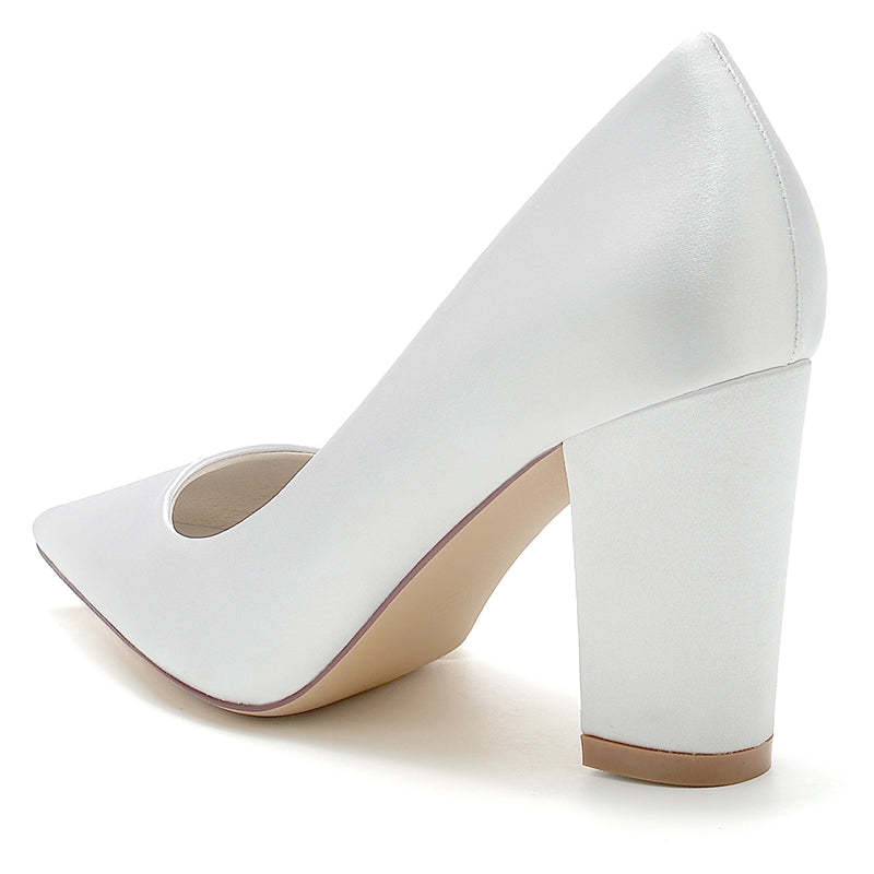 Elegant White Bridal Shoes for Women with Pointed Toe and Block Heel