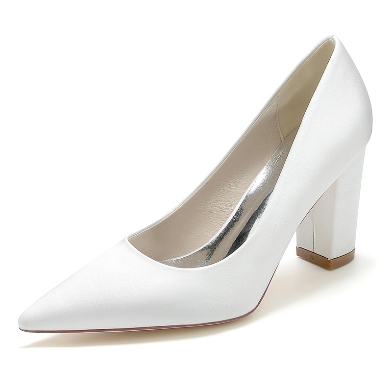 Elegant White Bridal Shoes for Women with Pointed Toe and Block Heel
