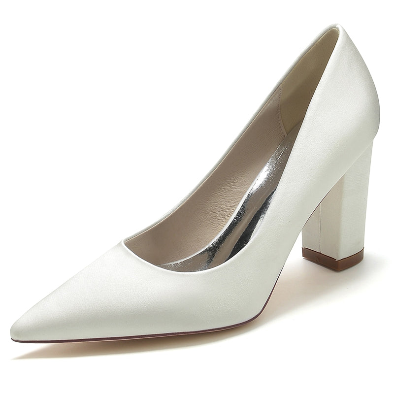 Elegant White Bridal Shoes for Women with Pointed Toe and Block Heel