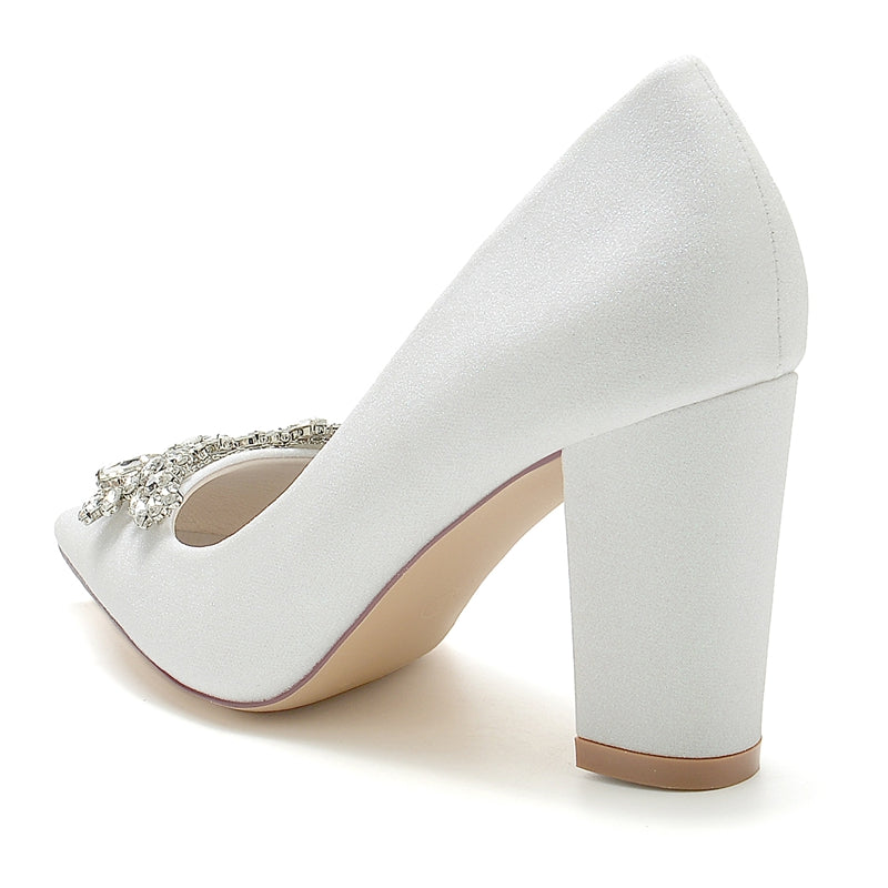 Elegant Bridal Shoes for Women with Pointed Toe and Chunky Heel Adorned with Delicate Rhinestone