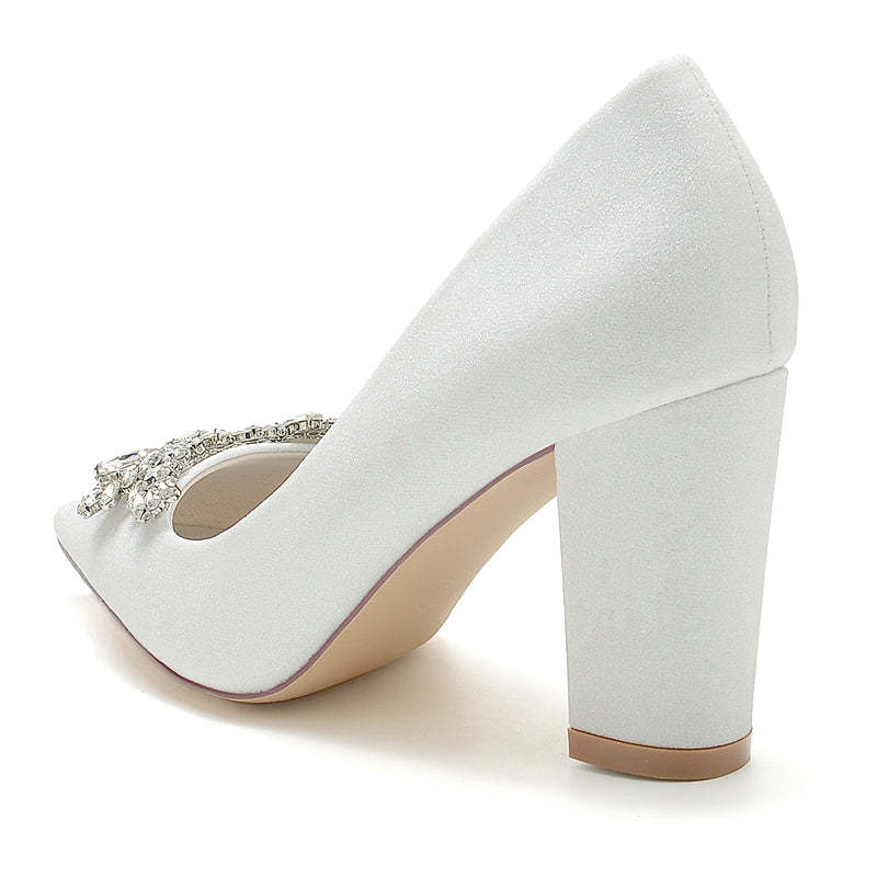 Elegant Bridal Shoes for Women with Pointed Toe and Chunky Heel Adorned with Delicate Rhinestone