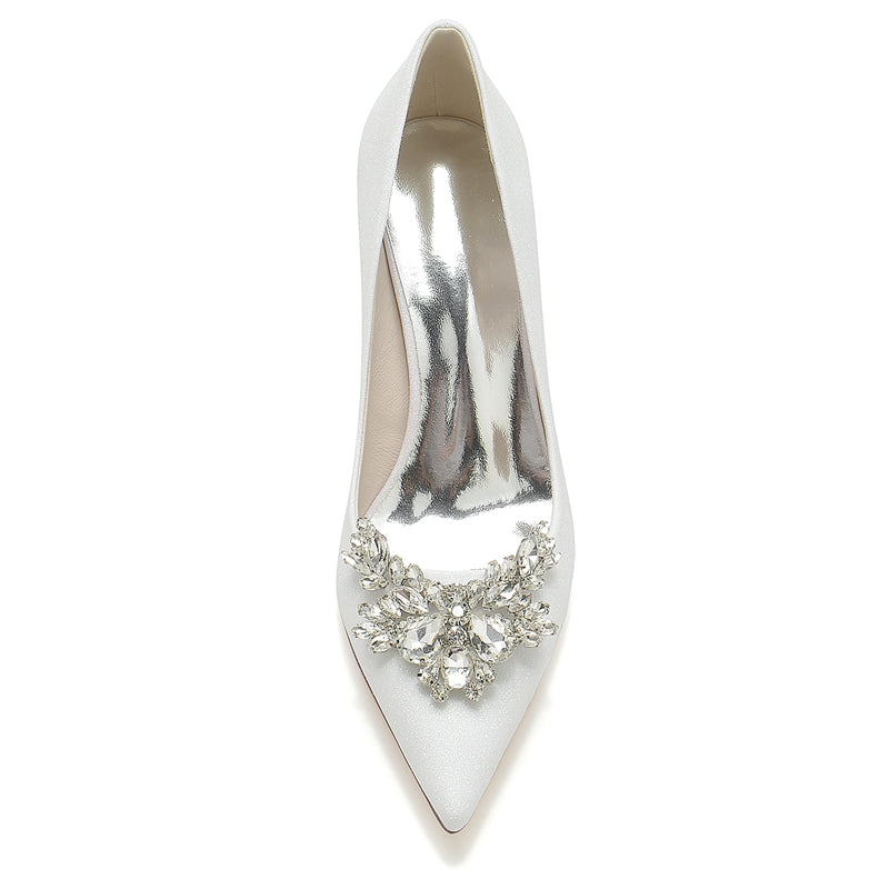 Elegant Bridal Shoes for Women with Pointed Toe and Chunky Heel Adorned with Delicate Rhinestone