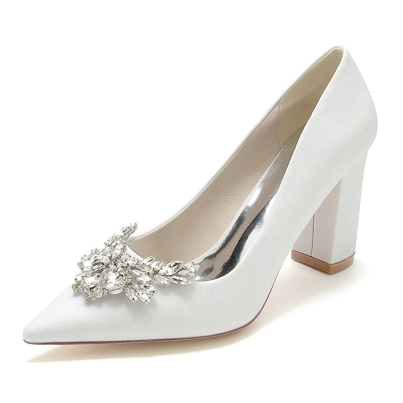 Elegant Bridal Shoes for Women with Pointed Toe and Chunky Heel Adorned with Delicate Rhinestone
