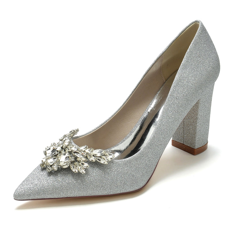 Elegant Bridal Shoes for Women with Pointed Toe and Chunky Heel Adorned with Delicate Rhinestone
