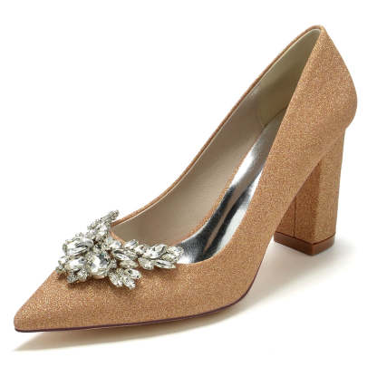 Elegant Bridal Shoes for Women with Pointed Toe and Chunky Heel Adorned with Delicate Rhinestone