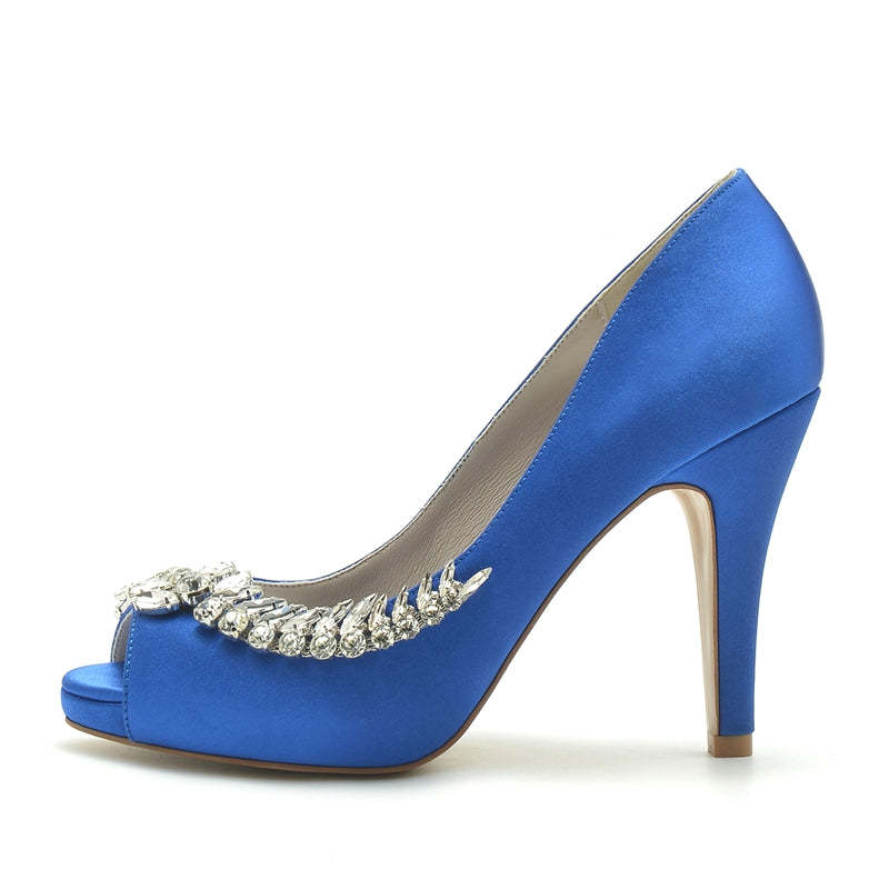 White Peep Toe High Heel Wedding Shoes for Women with Rhinestone