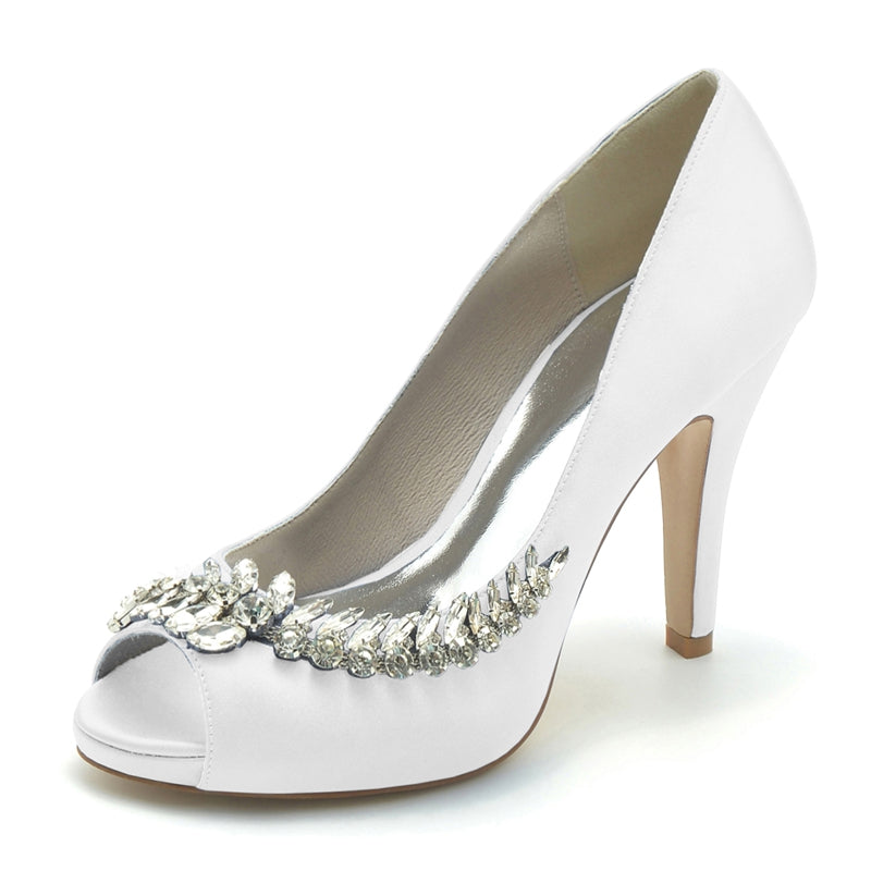 White Peep Toe High Heel Wedding Shoes for Women with Rhinestone
