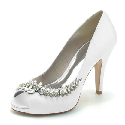 White Peep Toe High Heel Wedding Shoes for Women with Rhinestone