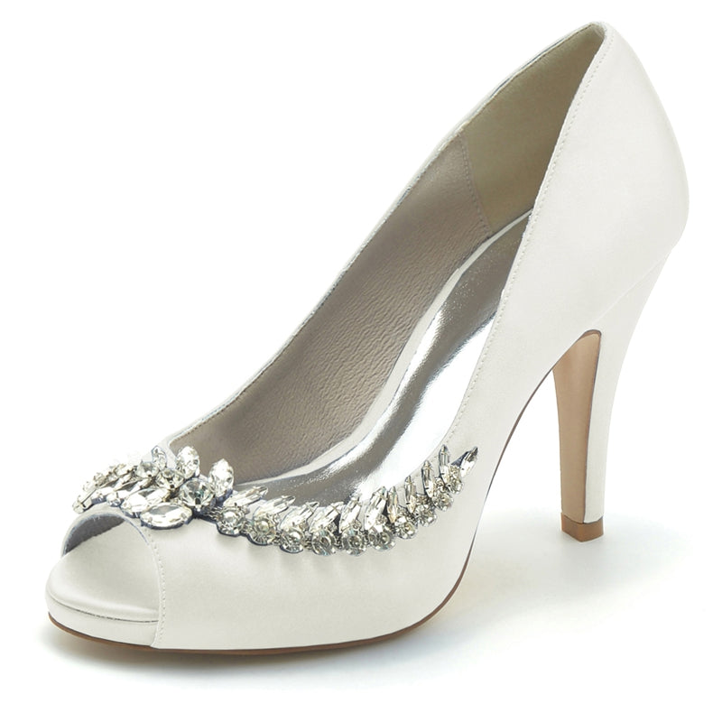 White Peep Toe High Heel Wedding Shoes for Women with Rhinestone