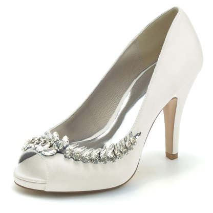 White Peep Toe High Heel Wedding Shoes for Women with Rhinestone