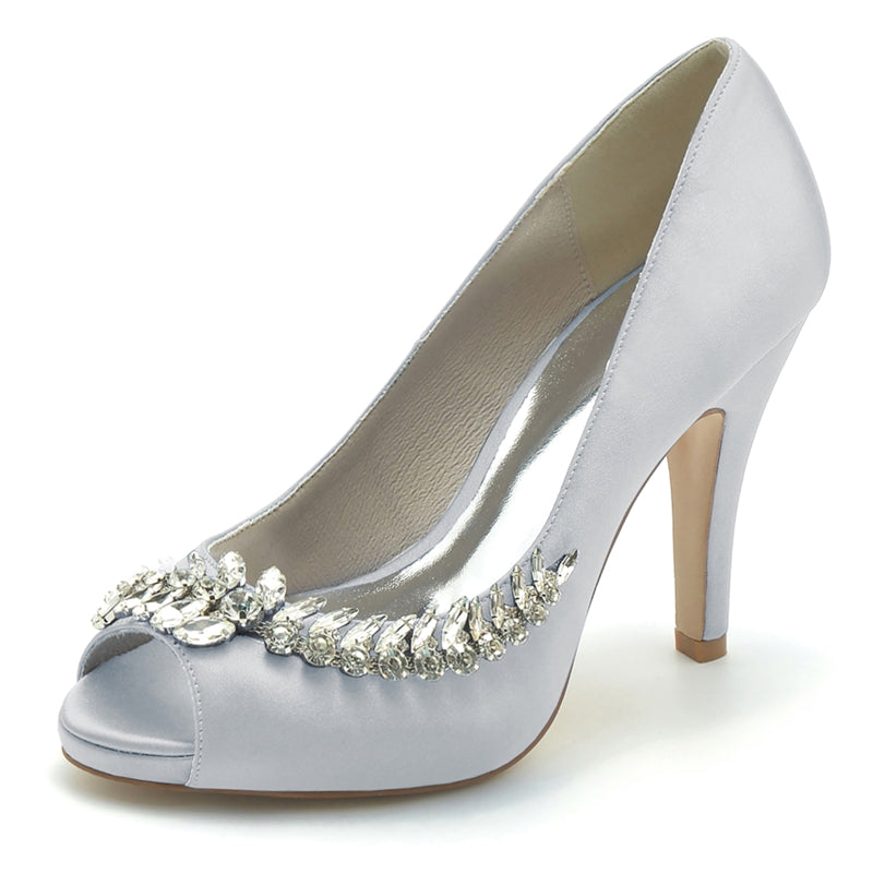 White Peep Toe High Heel Wedding Shoes for Women with Rhinestone