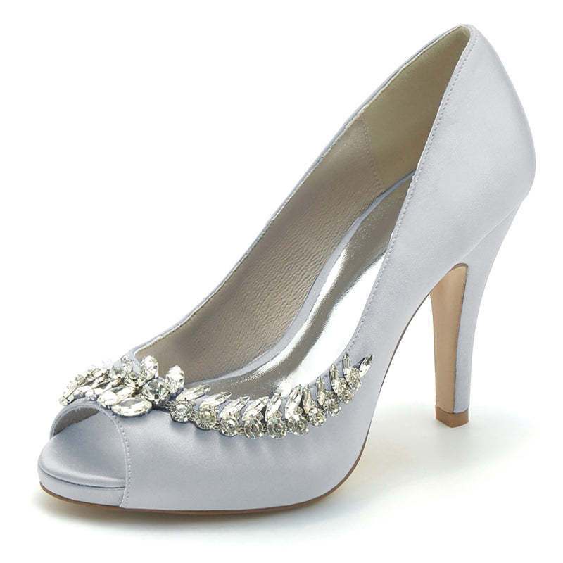 White Peep Toe High Heel Wedding Shoes for Women with Rhinestone