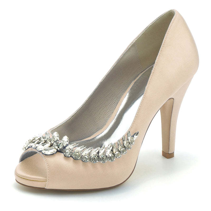 White Peep Toe High Heel Wedding Shoes for Women with Rhinestone