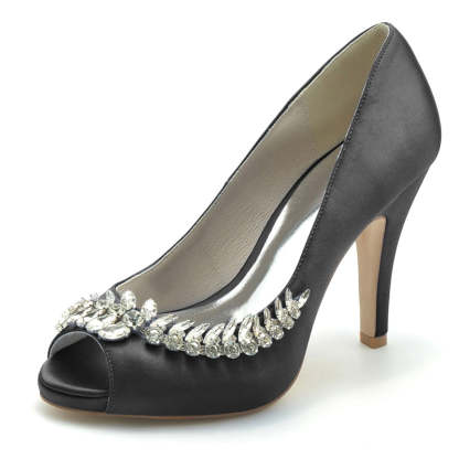 White Peep Toe High Heel Wedding Shoes for Women with Rhinestone