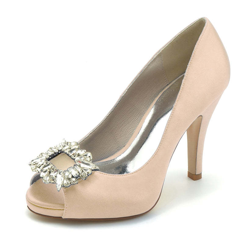 Elegant Champagne Open-Toe Bridal Shoes for Women with Square Rhinestone