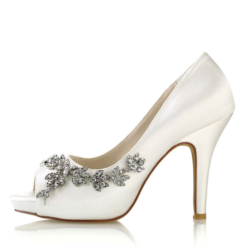 White Peep Toe High Heel Wedding Shoes for Women with Luxurious Rhinestone Details