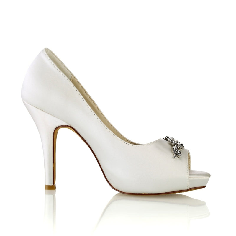 White Peep Toe High Heel Wedding Shoes for Women with Luxurious Rhinestone Details