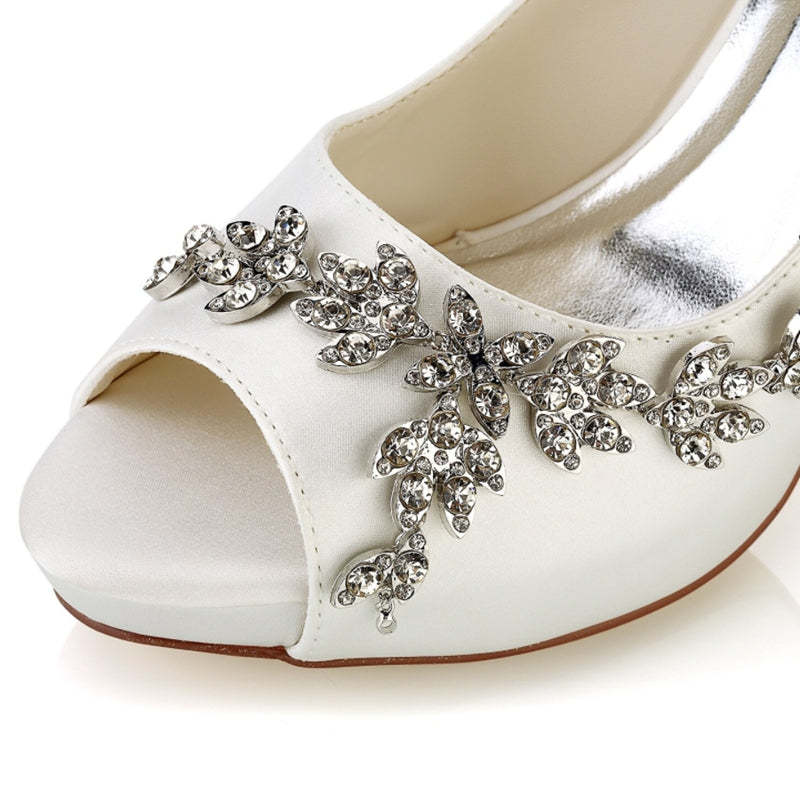 White Peep Toe High Heel Wedding Shoes for Women with Luxurious Rhinestone Details
