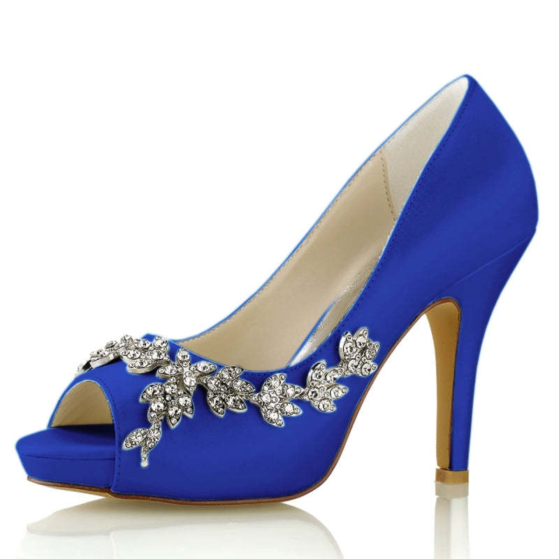 White Peep Toe High Heel Wedding Shoes for Women with Luxurious Rhinestone Details